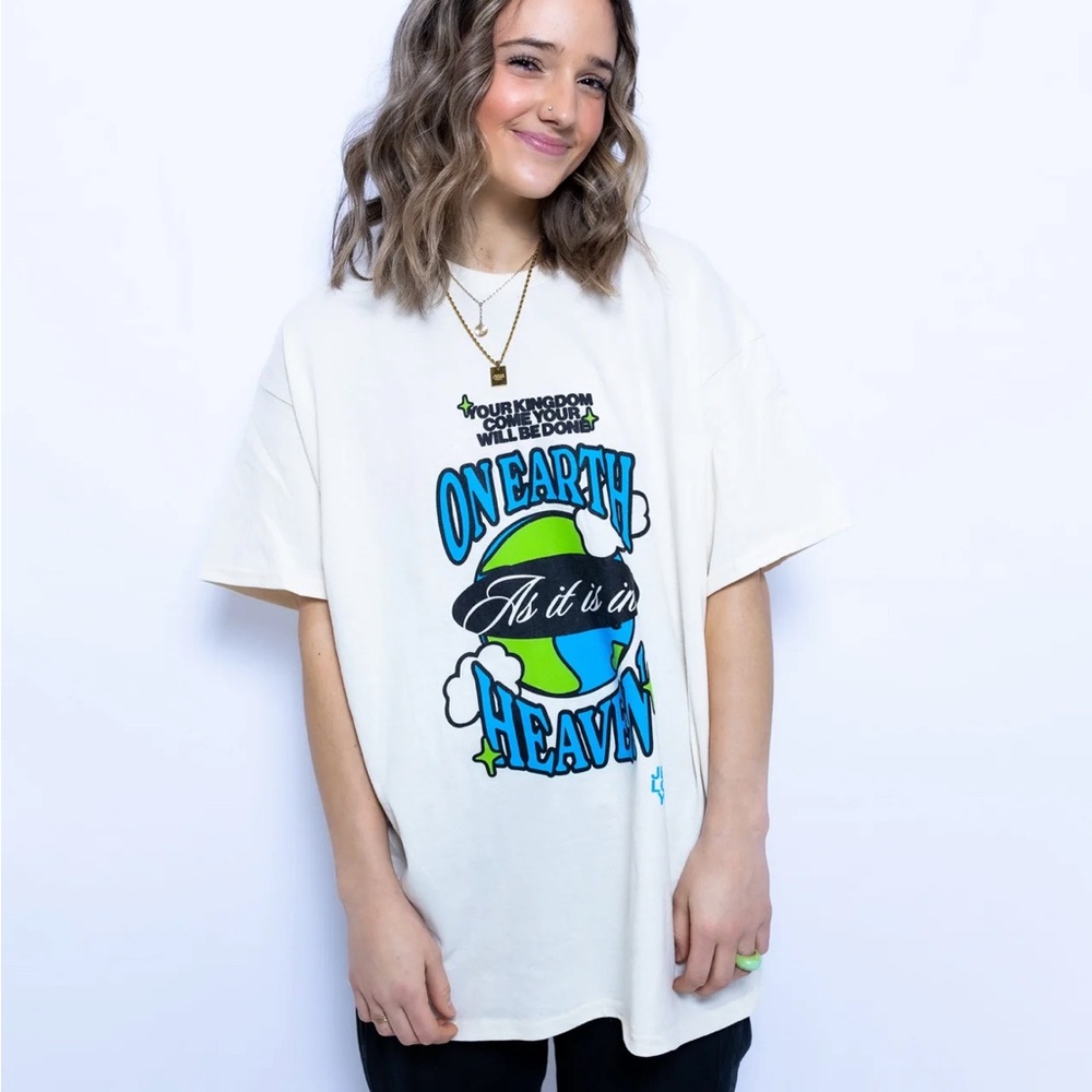 White Graphic T-Shirt with Blue and Black Print